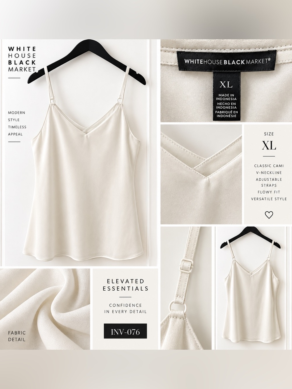 White House Black Market Ivory Satin V-Neck Cami Top